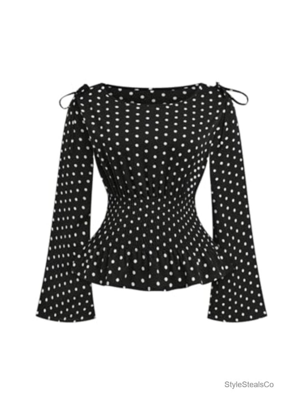Plus Size Peplum Top Polka Dots Bow Shoulder Long Sleeve Boat Neck Blouse